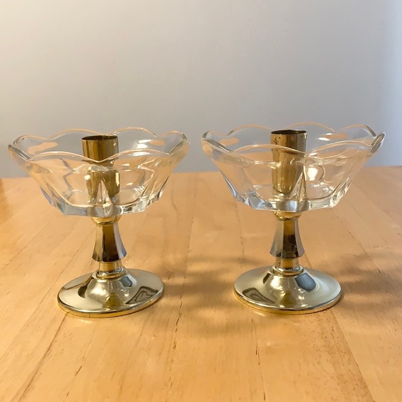 Set of 2 Brass and Glass Candlesticks - Picture 2 of 8
